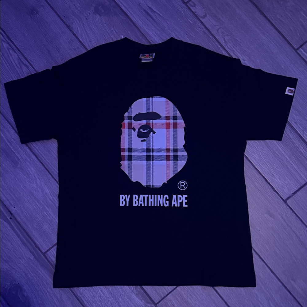 Bape Black Short Sleeve Tee with Plaid Ape Head